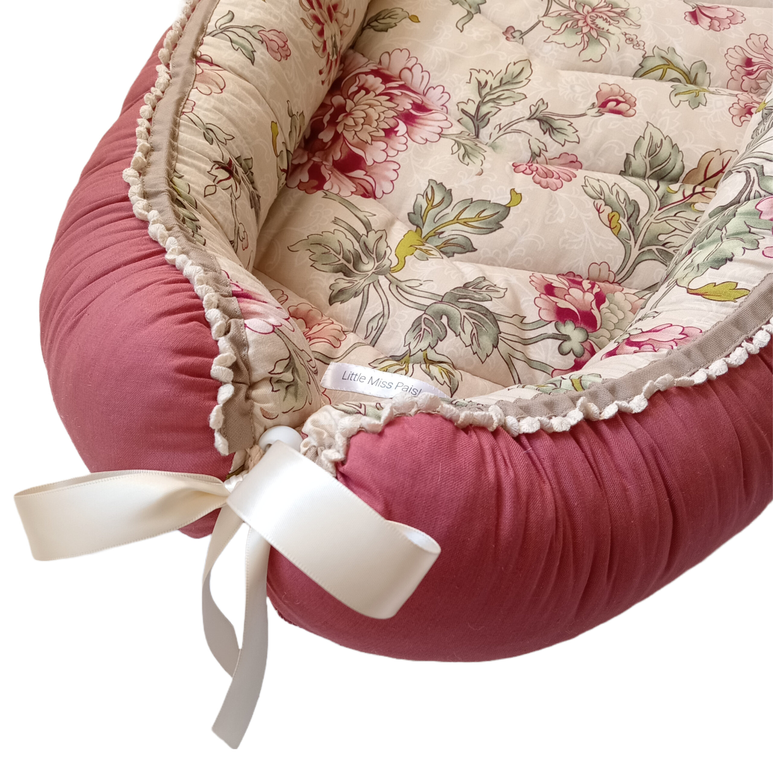 Babynest - Ready To Go! - Victorian Florals + Rust + Cream Crochet Pompom Trim - Image 3