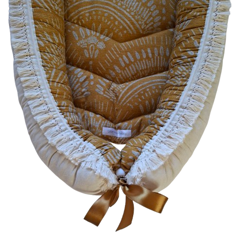 Babynest - Patterns on Mustard + Unbleached Cotton + Macrame Fringe trim
