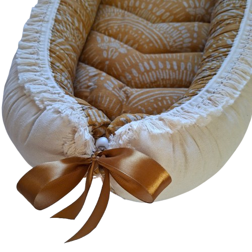 Babynest - Patterns on Mustard + Unbleached Cotton + Macrame Fringe trim - Image 6