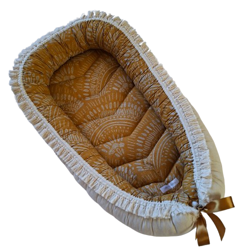 Babynest - Patterns on Mustard + Unbleached Cotton + Macrame Fringe trim - Image 5