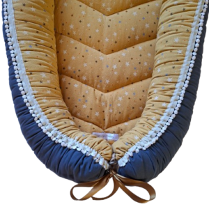 Babynest - Ready To Go! Starry Night Sky on Mustard + Grey + Cream Macrame pompom trim