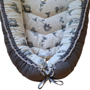 Babynest - Ready To Go! Grey Proteas & Suikerbekkies + Grey + Soft Grey Pompom Trim