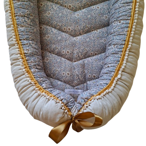 Babynest - Ready To Go! Retro Florals + Unbleached Cotton + Gold Satin trim + Cream Crochet Pompoms