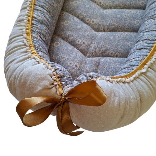 Babynest - Ready To Go! Retro Florals + Unbleached Cotton + Gold Satin trim + Cream Crochet Pompoms - Image 6