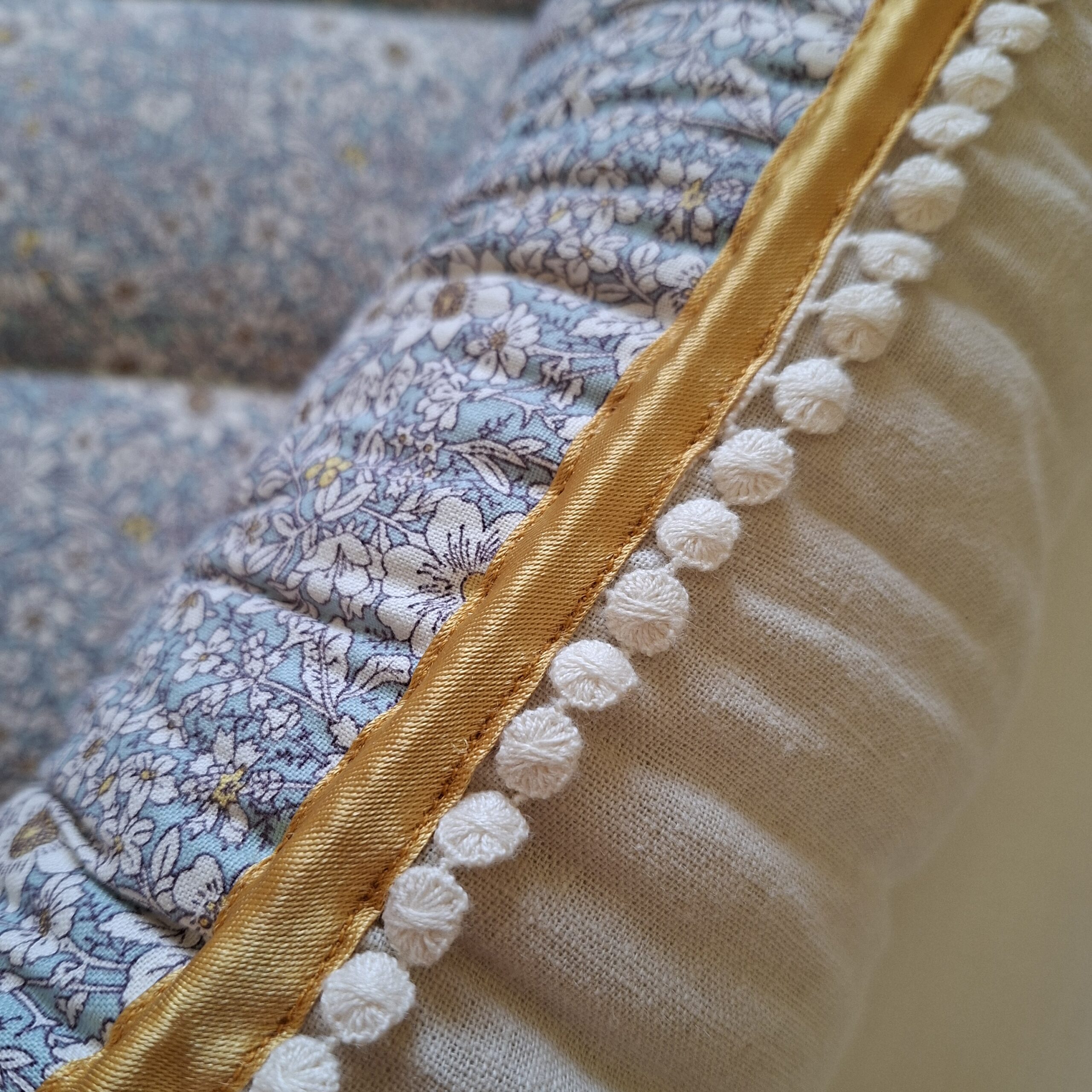 Babynest - Ready To Go! Retro Florals + Unbleached Cotton + Gold Satin trim + Cream Crochet Pompoms - Image 4