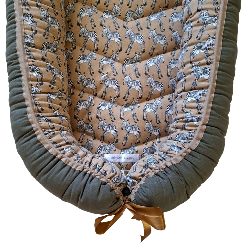 Babynest - Baby Zebras on Sand + Olive + Beige Trim
