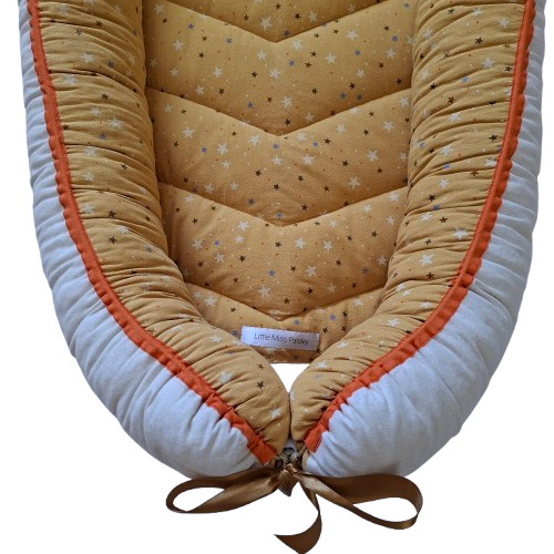 Babynest - Ready To Go! Starry Night Sky on Mustard + Unbleached Cotton + Orange trim