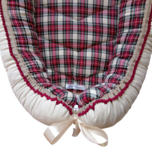 Babynest - Beige & Red Tartan + Unbleached Cotton + Burgundy Trim
