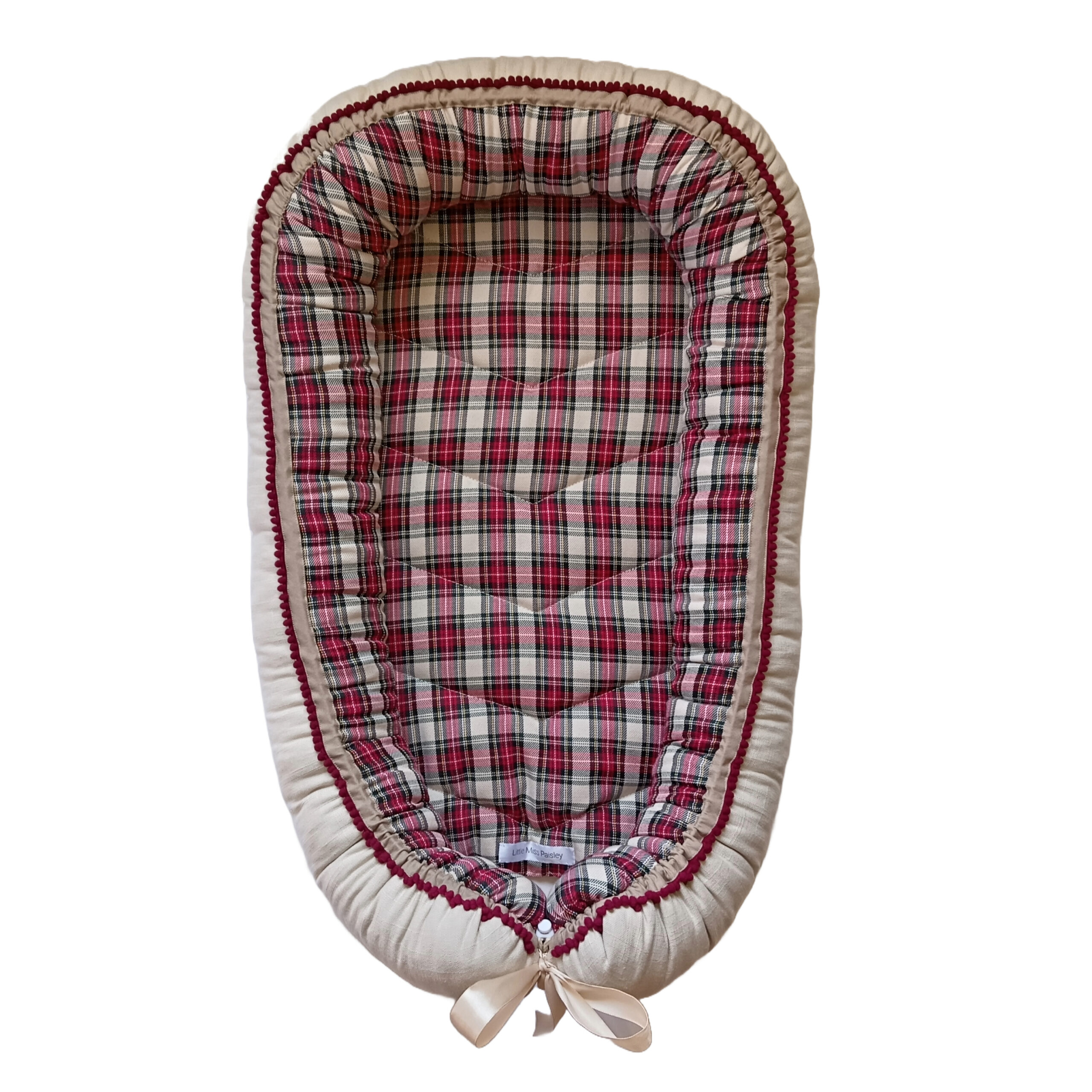 Babynest - Beige & Red Tartan + Unbleached Cotton + Burgundy Trim - Image 3